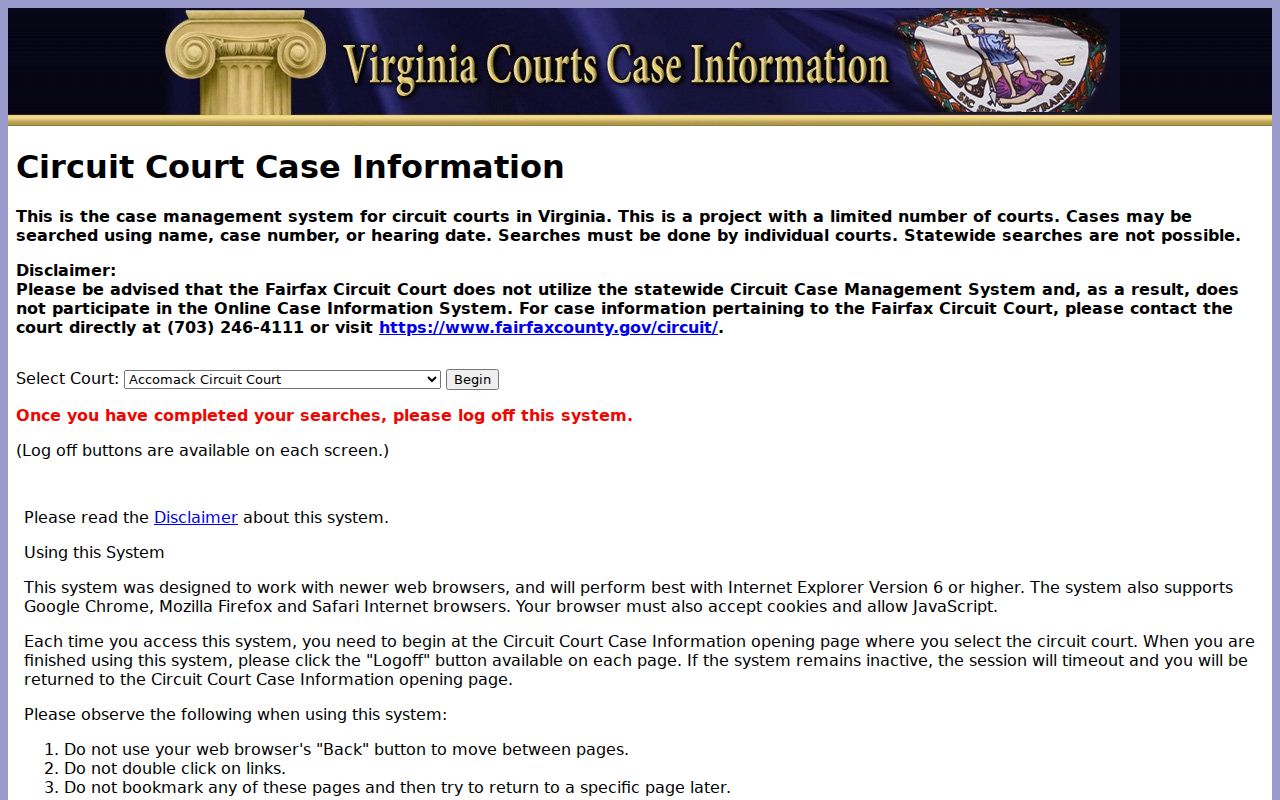 Sterling resident lookup through Virginia Circuit Court case search