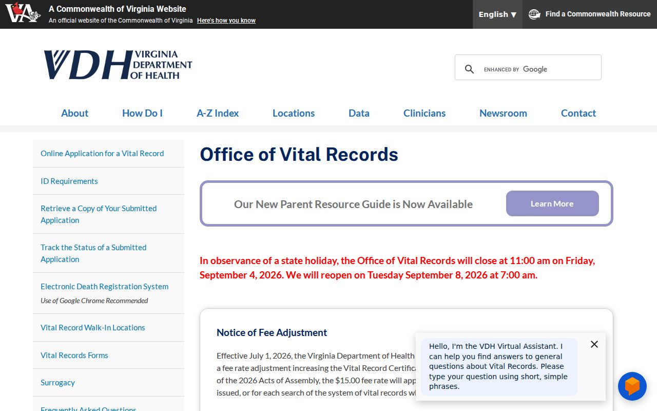 Sterling resident lookup through Virginia vital records application guidance
